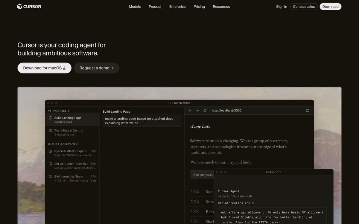 Cursor (official site) — screenshot used editorially; all rights belong to the vendor Cursor — screenshot of the official site