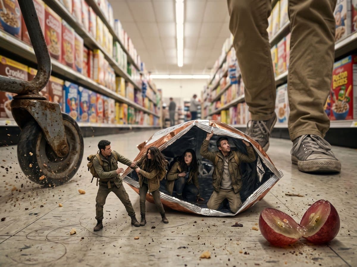 Nano Banana 2.1 output: four tiny hikers in field jackets sheltering in a torn copper-colored snack bag on a supermarket floor between cereal aisles, a rusty cart wheel at left and a giant shopper's sneakers at right