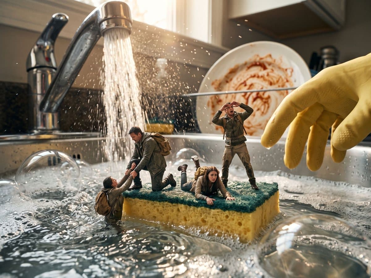 Nano Banana 2.1 output: four tiny hikers on a yellow-and-green kitchen sponge floating in a sink under a running tap, soap bubbles around them and a giant yellow rubber glove reaching in from the right