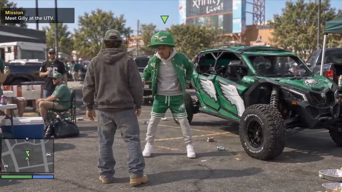 AI-generated fake gameplay frame of an Eagles tailgate: a player character seen from behind facing a man in a green Eagles hat, jacket, and shorts beside a green off-road vehicle with eagle wings painted on it, with a mission box reading 'Meet Gilly at the UTV,' a waypoint arrow, and a minimap