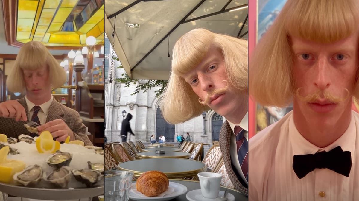 Three frames of the Jean Phil character: a man with a blonde bob haircut and curled handlebar moustache eating oysters in a houndstooth suit under a stained-glass ceiling, taking a selfie at a cafe table with a croissant in front of a Gothic church, and staring at the camera in a white shirt and black bow tie