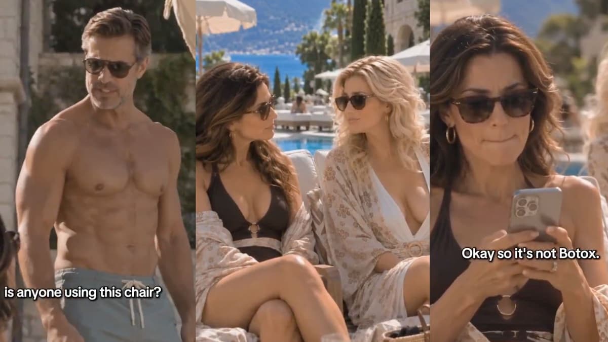 Three frames from an AI-generated skincare ad: a shirtless grey-haired man in sunglasses asking 'is anyone using this chair?', two women in swimsuits and sunglasses on a poolside lounger looking at each other, and a dark-haired woman looking at her phone with the caption 'Okay so it's not Botox.'