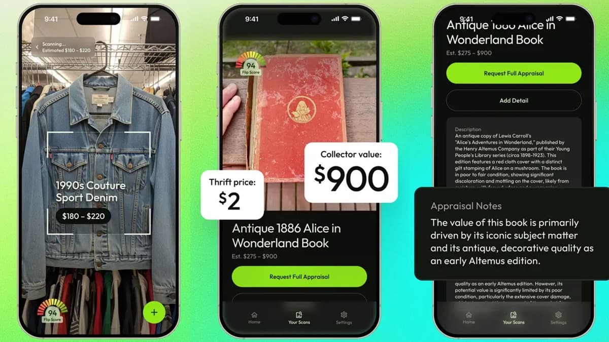 Three iPhone screens from Patina's marketing: a denim jacket on a thrift rack being scanned with an estimate of $180–$220; an antique red cloth Alice in Wonderland book labeled 'Thrift price $2, Collector value $900'; and an appraisal-notes screen describing the book as an early Altemus edition in poor condition