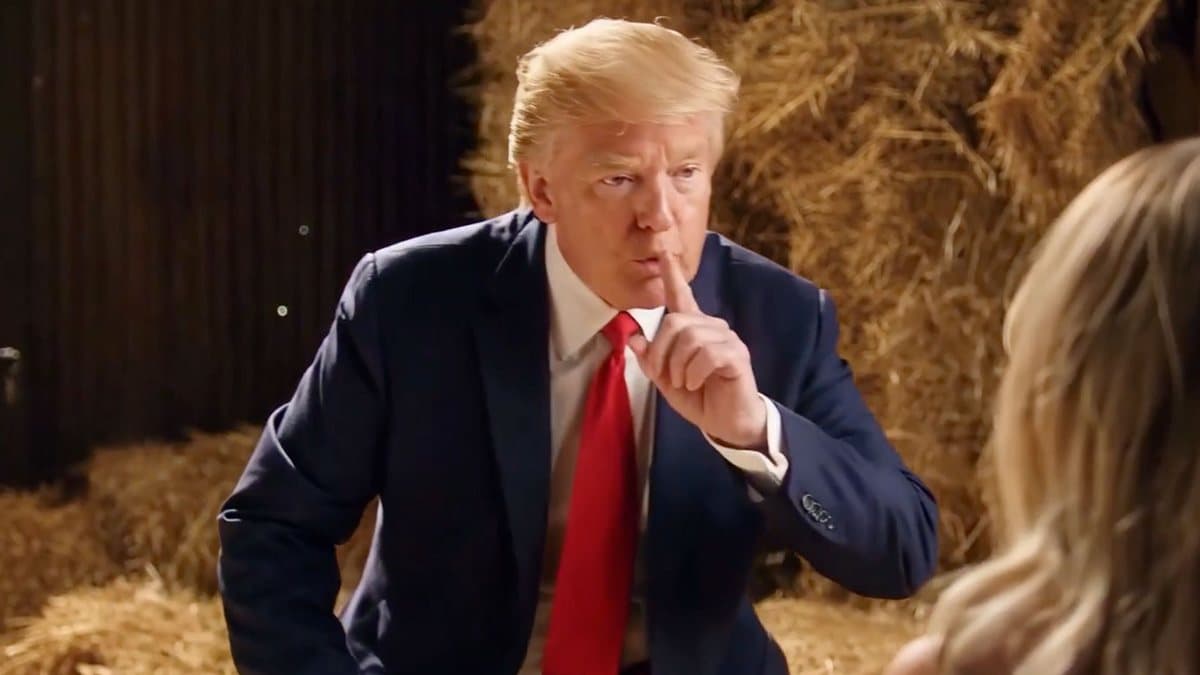 AI remix of the tiptoe barn clip: Donald Trump in a navy suit and red tie leaning toward the camera with a finger to his lips, hay bales behind him, a blonde woman's head blurred at the right edge