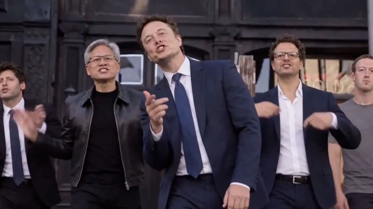 AI-generated frame: men resembling Sam Altman in a dark suit, Jensen Huang in a black leather jacket, Elon Musk in a navy suit singing at center, Dario Amodei in glasses and a navy blazer, and Mark Zuckerberg in a grey tee, dancing in a line on a street set with dark storefronts behind them