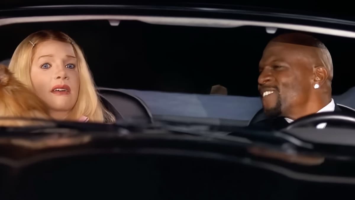 Still from White Chicks: a night-time shot through a car windshield with a blonde-wigged passenger holding a small dog and looking alarmed on the left, and Terry Crews in a dark suit grinning at the wheel on the right